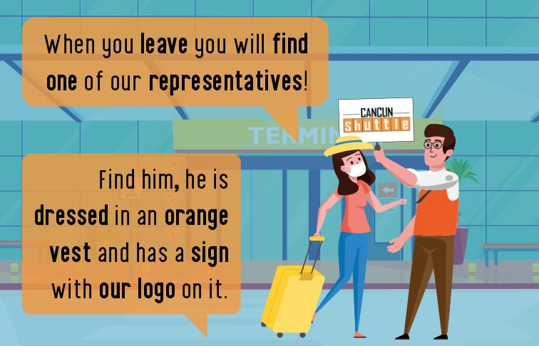 Cancun Shuttle representative in orange vest with sign